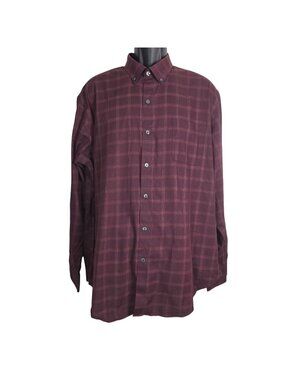 Van Heusen Mens XL Tall Flex Traveler Burgundy Plaid Shirt Non-Iron Stretch